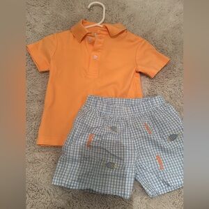Little English Orange Polo and Blue Checkered Shorts Set